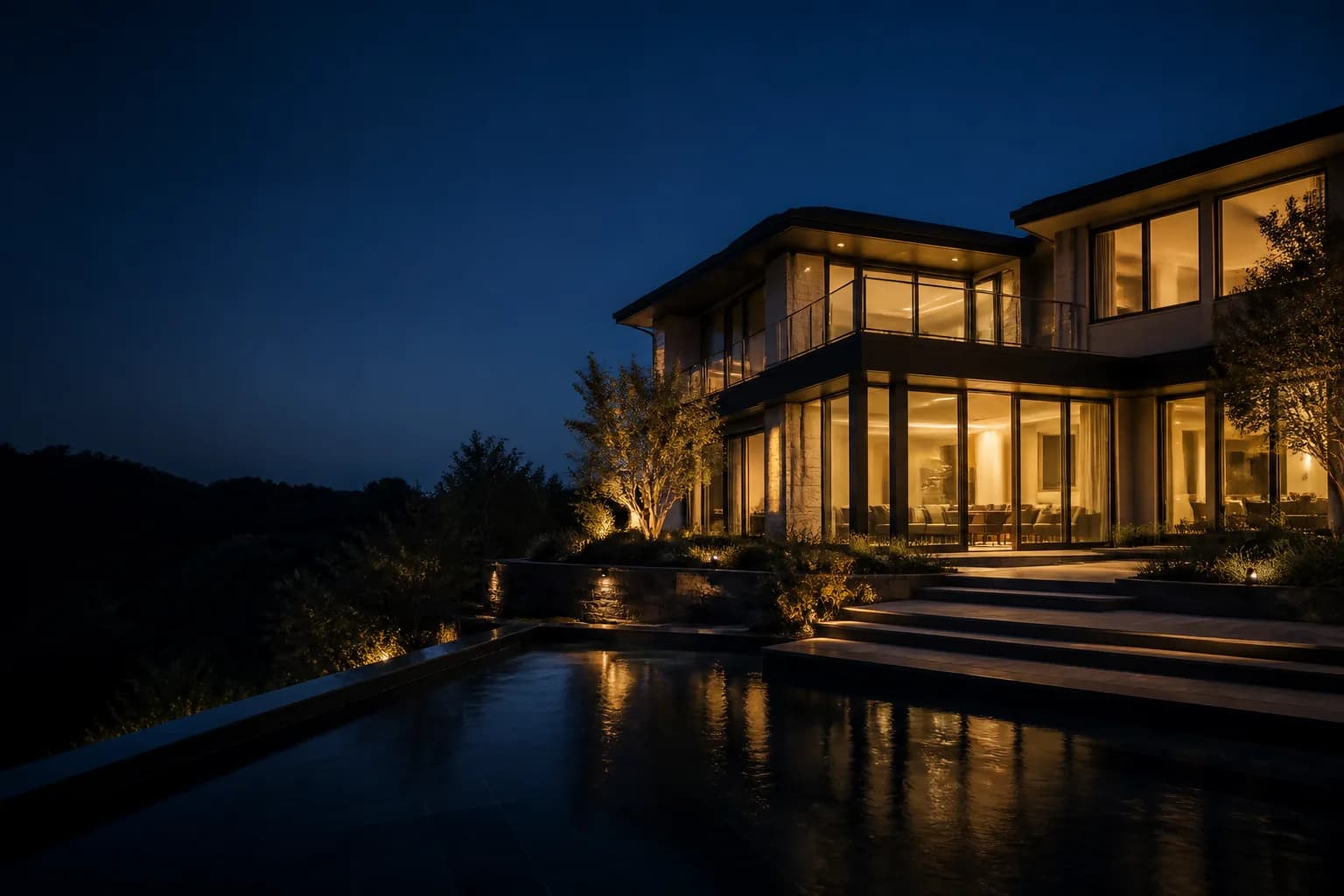 Original illustrative dusk exterior of a warm-lit modern home