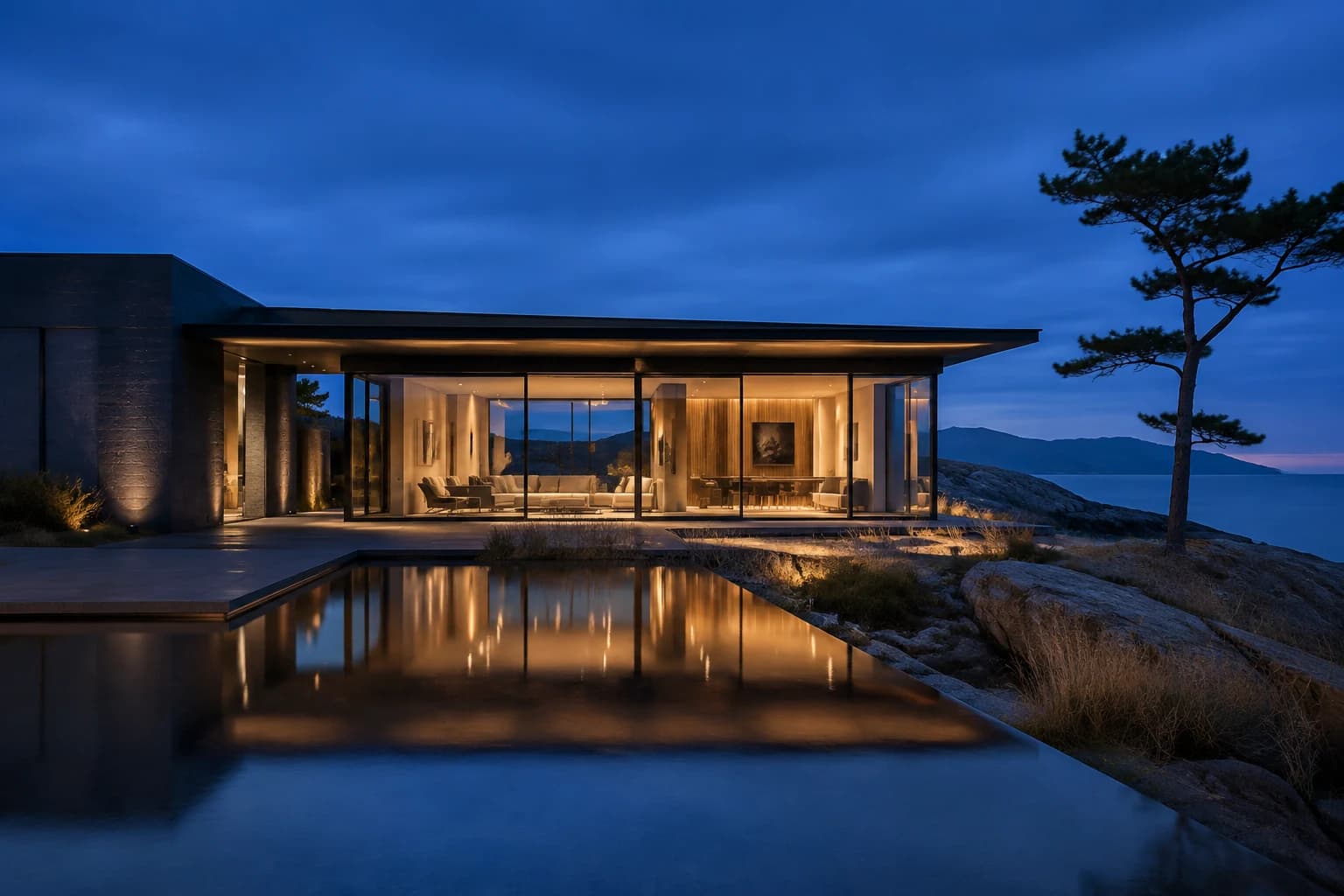 AI-generated architectural study of an illuminated coastal pavilion at blue hour