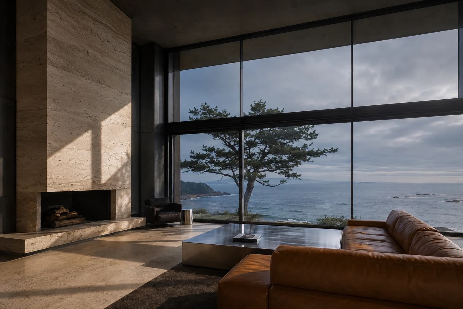 Illustrative coastal living room with sunlight across stone walls and warm leather seating